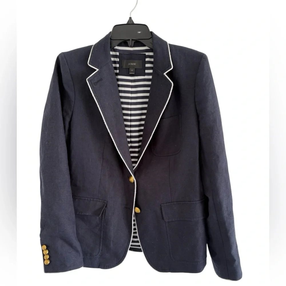 J. Crew Dark Blue linen Blazer with white piping and Gold button Accents - Picture 1 of 9